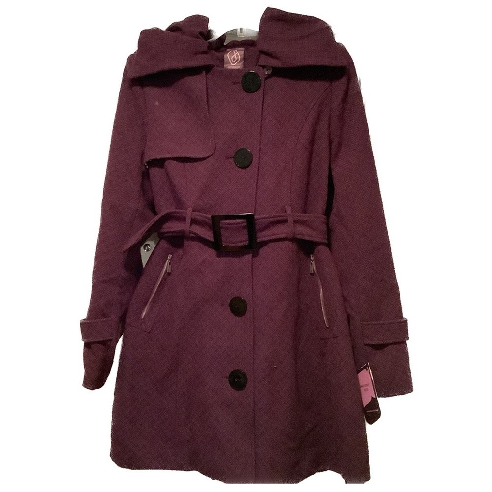 GROGGY Purple Ruffle Collar Big Button Belted Coat Size Junior XL NWT